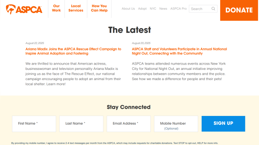 Latest updates from ASPCA with donation button and newsletter signup form.