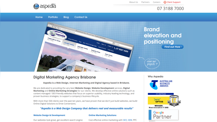 Aspedia digital marketing agency homepage with brand elevation message and service details in Brisbane.