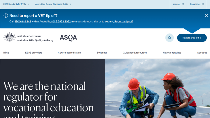 Australian Skills Quality Authority homepage stating it is the national regulator for vocational education with workers in safety gear on solar panels