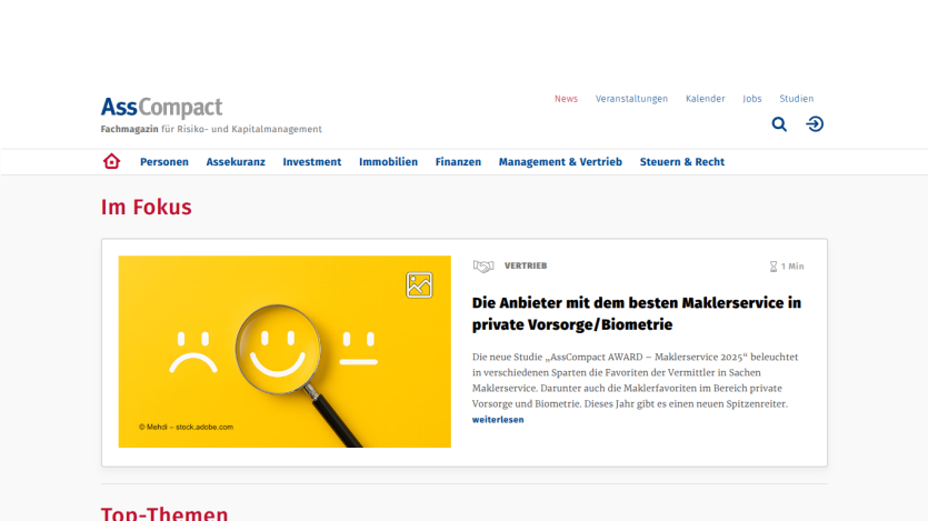 AssCompact magazine homepage featuring an article on top broker services in private pension and biometrics with a magnifying glass on smiley faces
