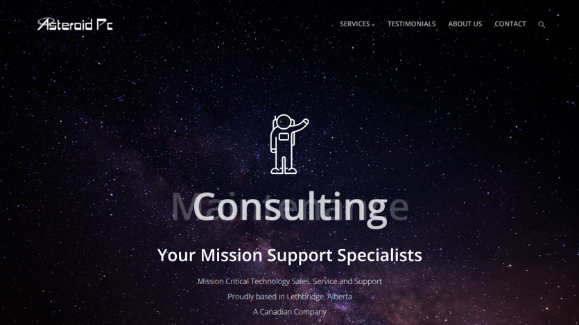 Asteroid PC website with navigation menu and hero section titled Maintenance, highlighting mission support specialists and company location