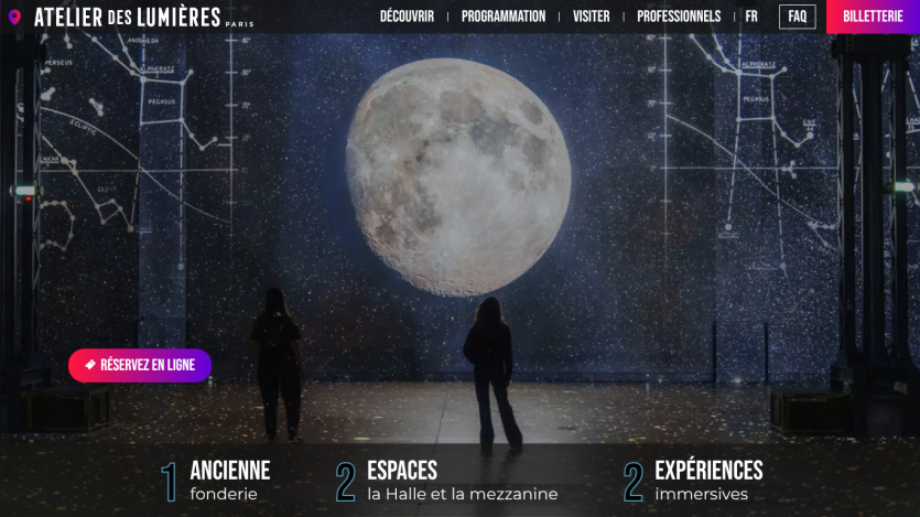 Website header with navigation and a hero image showing a person silhouetted against a large moon and constellation lines