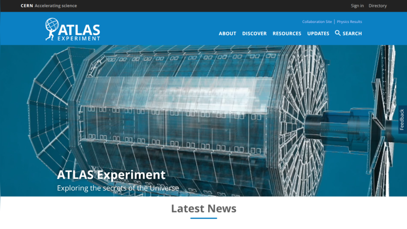 ATLAS Experiment homepage with tagline Exploring the secrets of the Universe and navigation menu