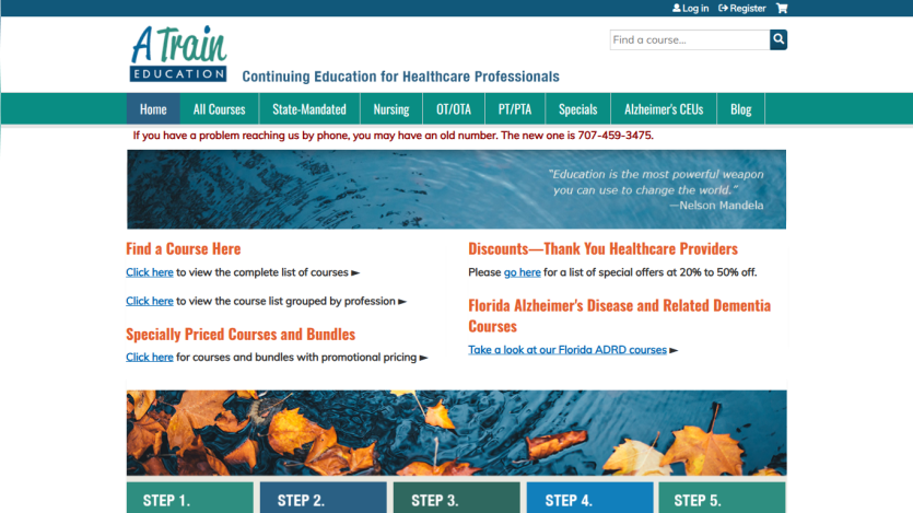 A Train Education website offering continuing education for healthcare professionals with course listings and discounts