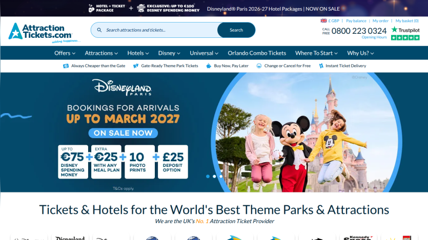 Homepage for AttractionTickets.com featuring theme park tickets and hotel bookings.