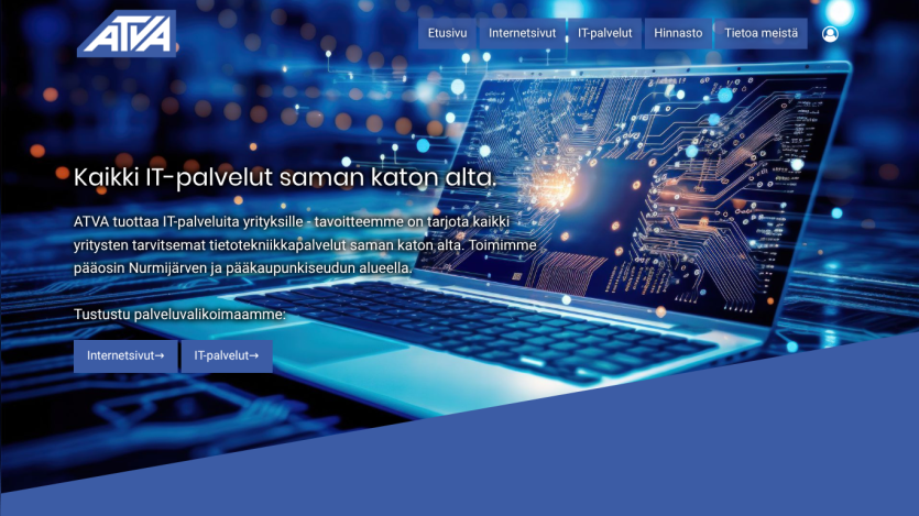 ATVA IT services website offering comprehensive IT solutions for businesses with navigation and service buttons