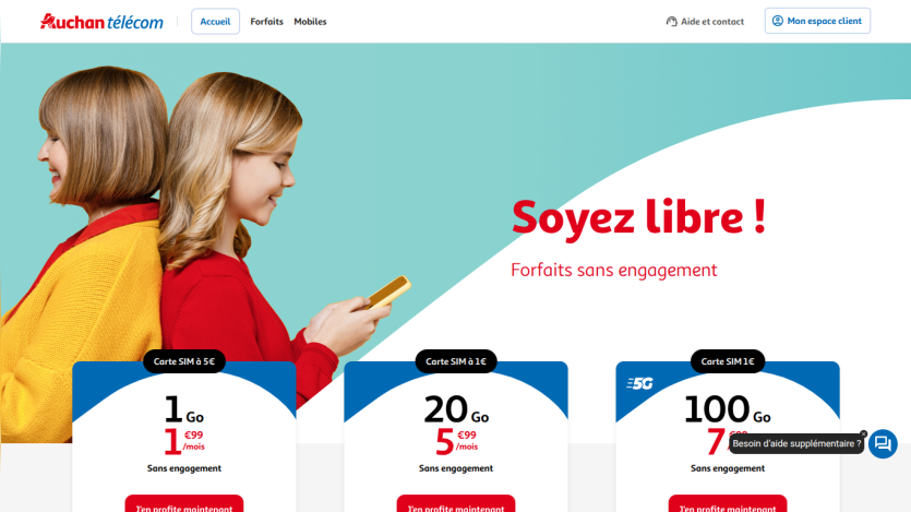 Auchan telecom homepage with mobile plans pricing and slogan 'Soyez libre ! Forfaits sans engagement'