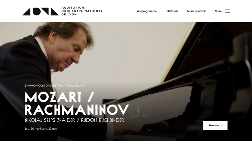 Auditorium Orchestre National de Lyon website featuring Mozart and Rachmaninov concert with pianist at piano and booking button