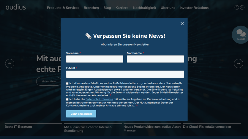 Website hero section with headline about secure internet connections and redundancy, navigation menu in German