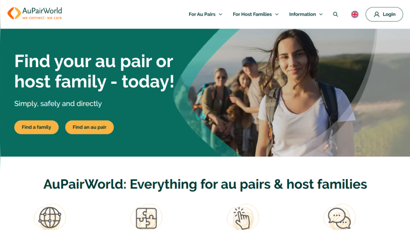 Homepage of AuPairWorld promoting au pair and host family connections.