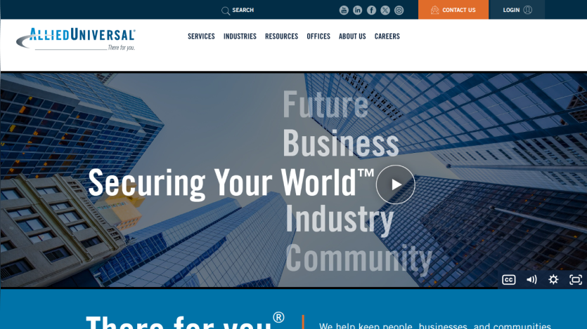 Homepage featuring a skyline image with text about securing business and community.