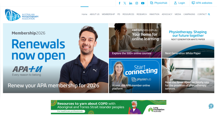 Australian Physiotherapy Association homepage showing membership renewals, online learning, white paper, and member platform access