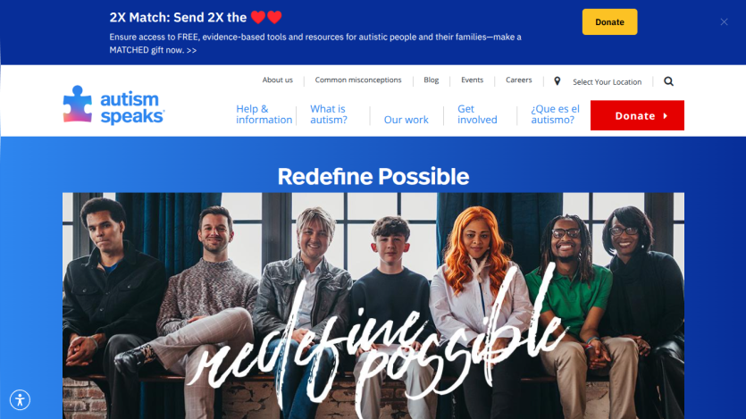 Homepage of Autism Speaks featuring diverse individuals with the text 'Redefine Possible'.