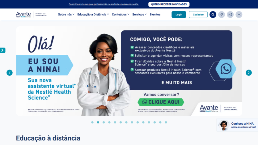 Nestlé Avante Health Science website with Black Friday promotion banner and navigation menu in Portuguese