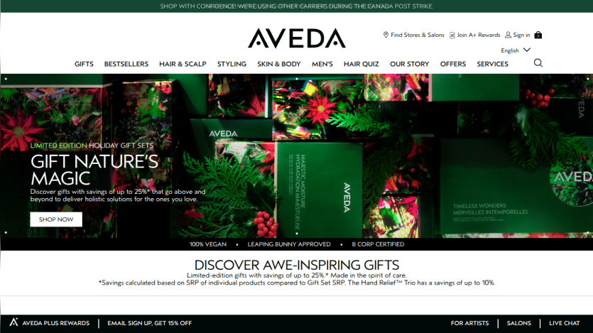 Aveda holiday gift sets promotion with savings up to 25%, navigation menu, and call to action button