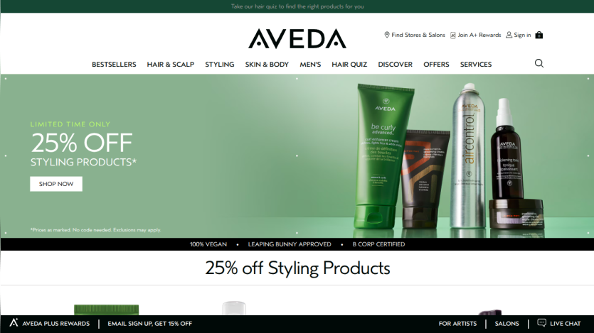 Aveda homepage featuring a 25% off promotion on styling products and product images.