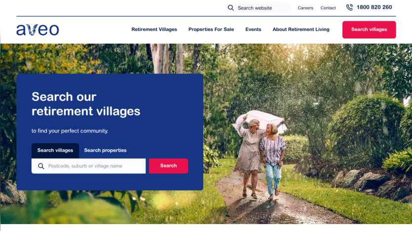 Retirement village search page with header navigation and a hero image of two elderly women walking outdoors in a garden