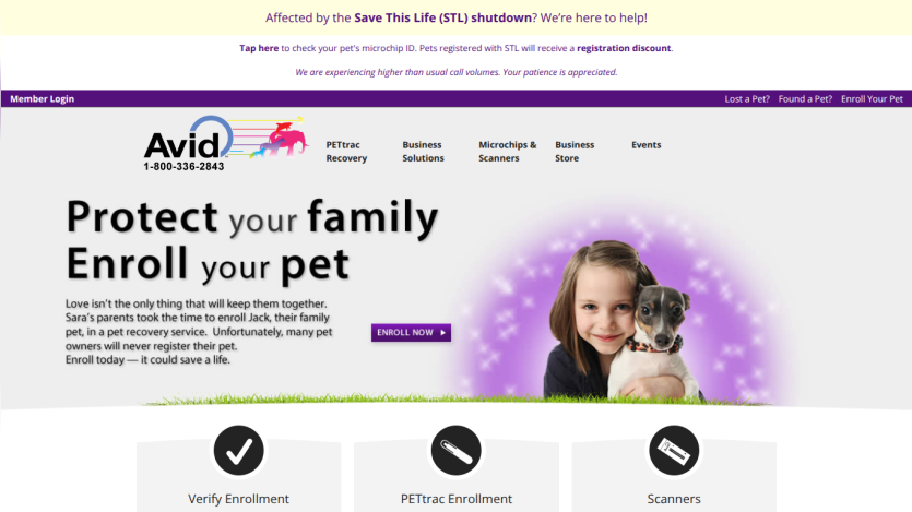Avid Saves program offers free microchips for veterinarians with a puppy image and navigation links