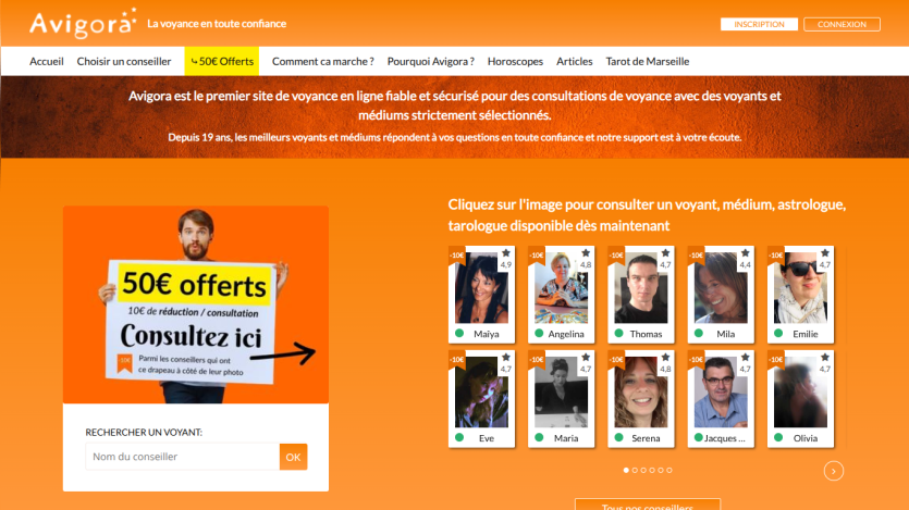 Avigora homepage offering 50€ discount for consultations with selected psychics and mediums, featuring advisor search and profiles