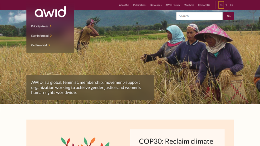 AWID website homepage with navigation menu and hero section promoting feminist membership and women's human rights support