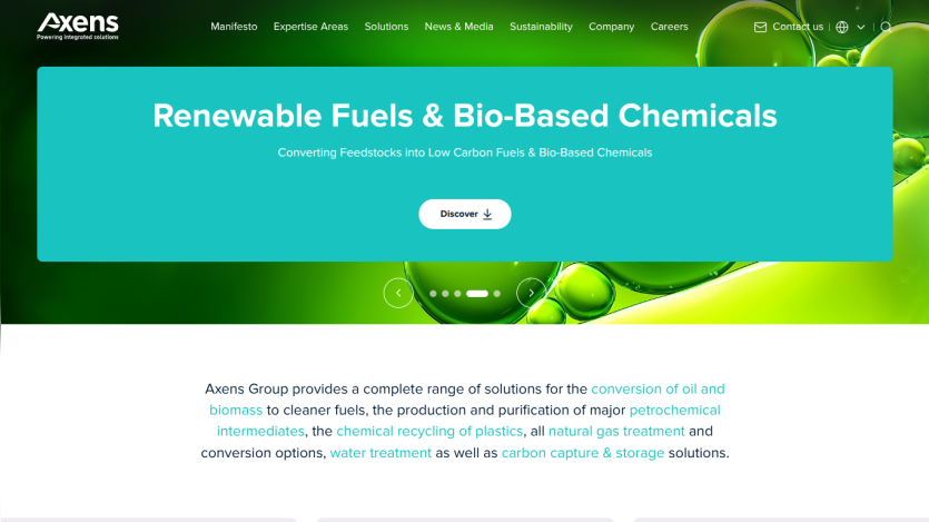 Axens website header and hero section about Carbon Capture, Utilization & Storage with navigation menu and discover button
