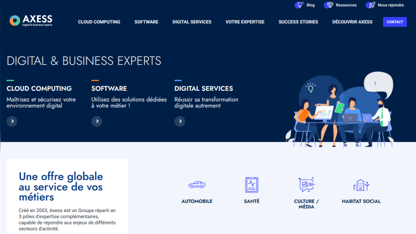 Axess website showing digital and business expertise in cloud computing, software, and digital services with sector icons