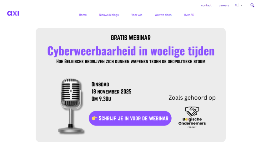 Free webinar on cybersecurity resilience for Belgian companies on November 18, 2025, with registration button and podcast mention.