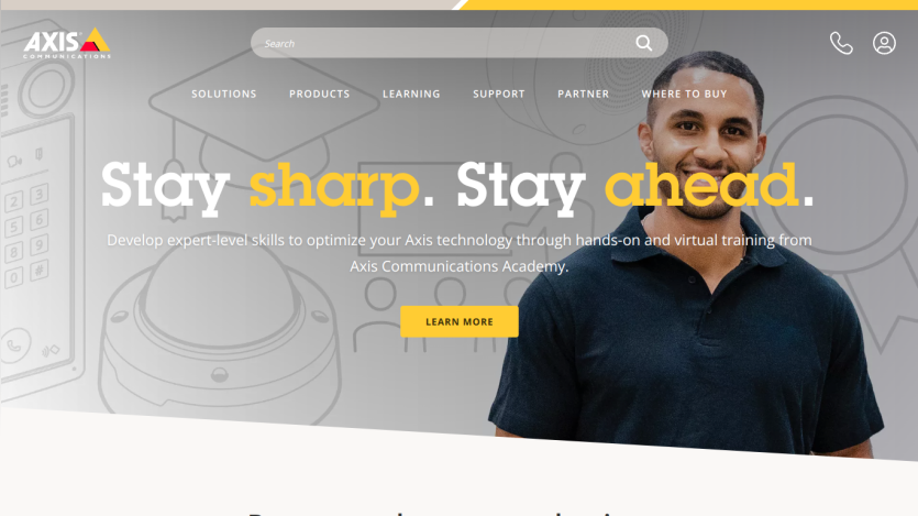 Homepage featuring a man with the text 'Stay sharp. Stay ahead.' and a call to action button.