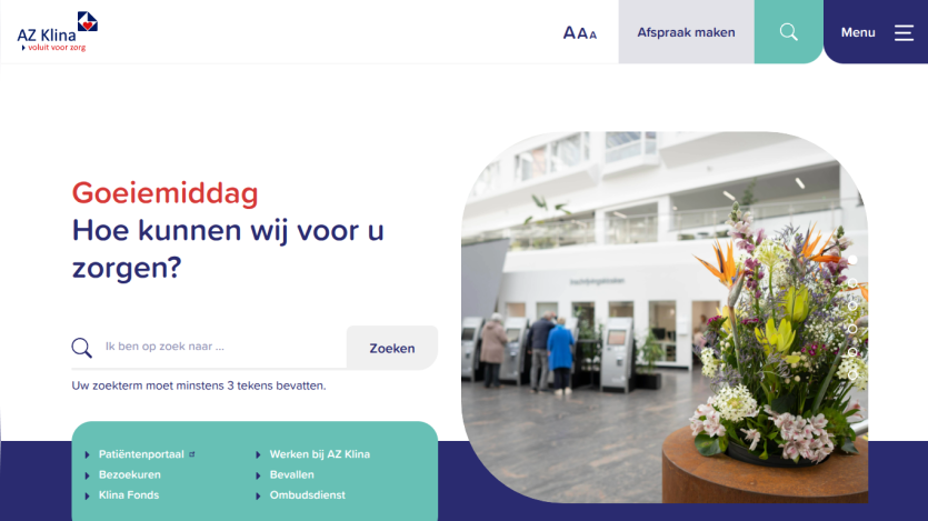 Healthcare website homepage with greeting, search bar, navigation links, and flower arrangement in hospital lobby