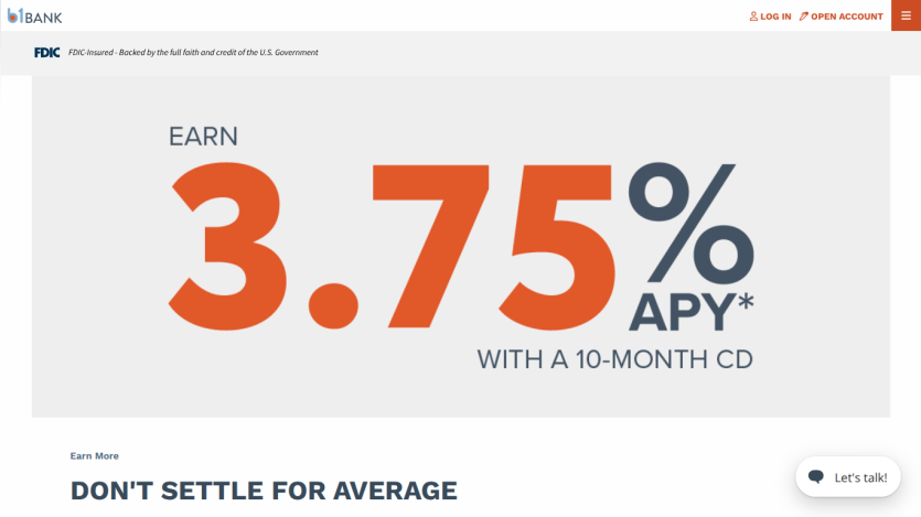 Bank homepage showing 3.75% APY with a 10-month CD and FDIC insurance notice