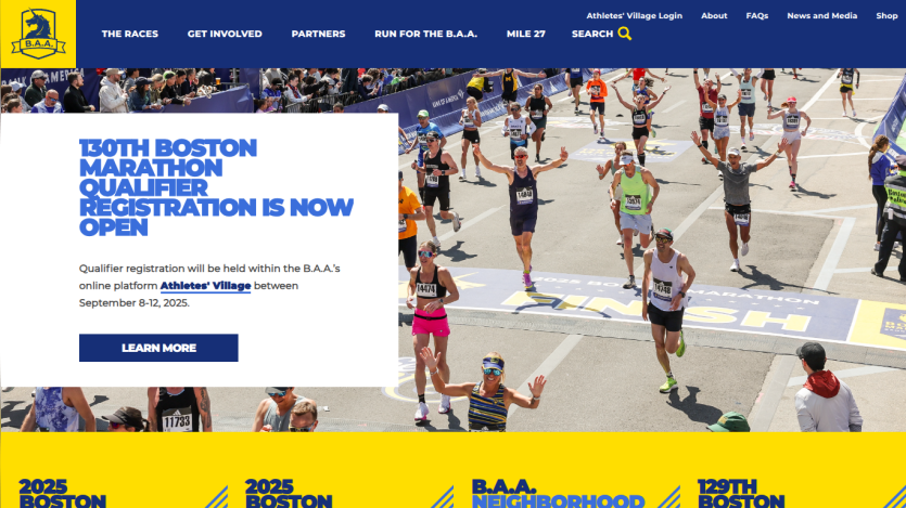 Boston Marathon registration announcement with runners crossing the finish line.
