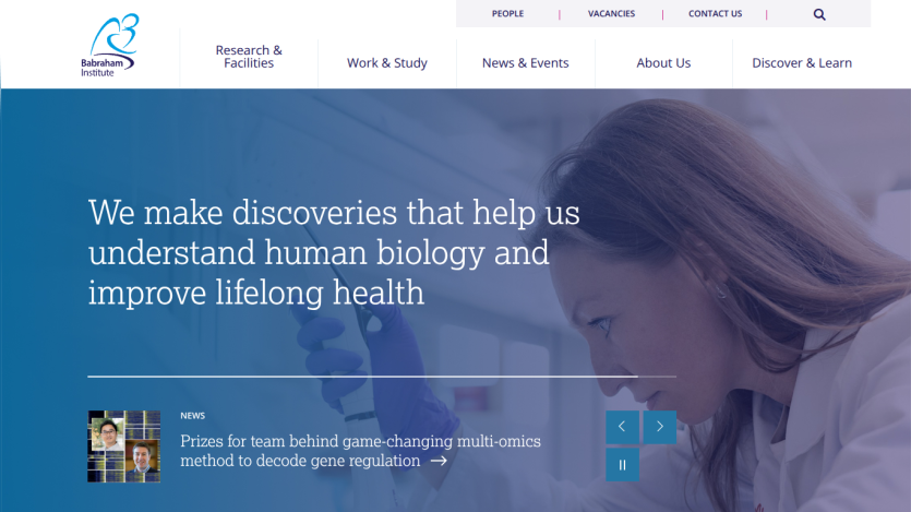 Website hero section with headline about discoveries in human biology and lifelong health, with navigation menu visible