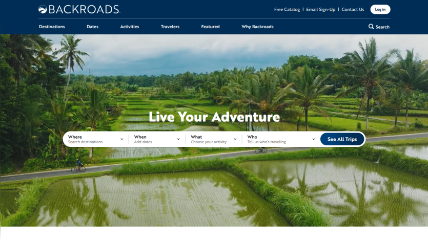 Homepage of Backroads featuring a scenic landscape and a call to action to explore adventures.