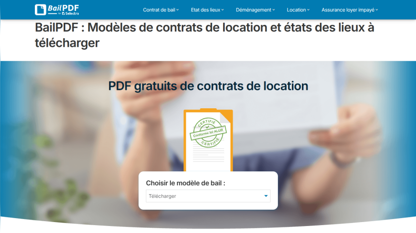 BailPDF website offering free downloadable rental contract PDFs with a selection dropdown