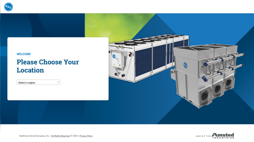 Welcome page prompting user to choose location with dropdown and images of industrial air conditioning units