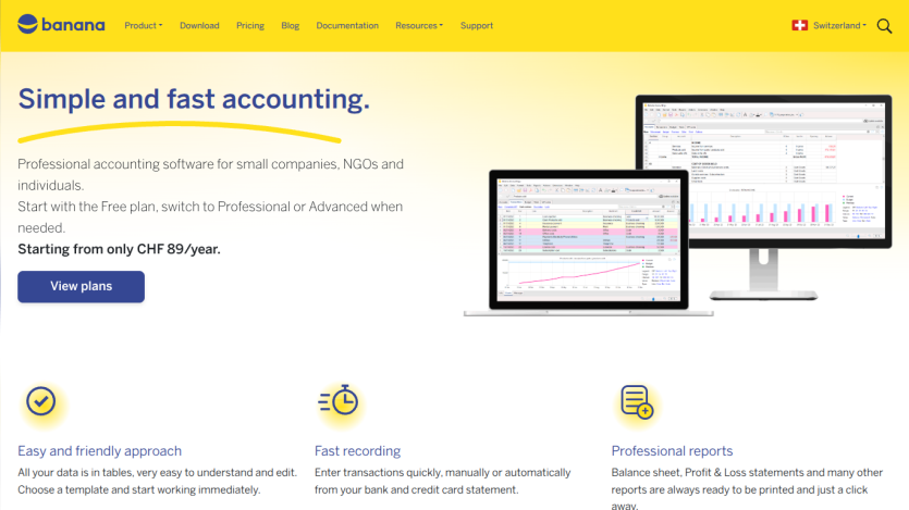 Accounting software homepage highlighting simple and fast accounting with pricing and features