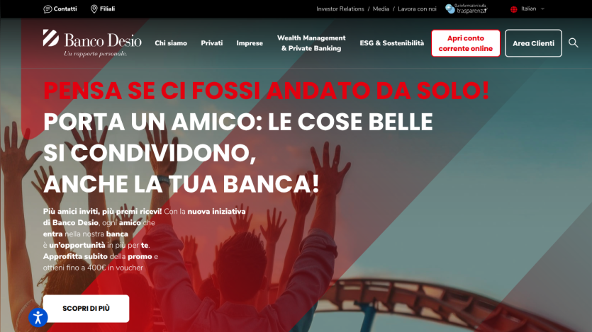 Banco Desio homepage with a referral promotion encouraging sharing the bank with friends, offering up to 400€ in vouchers