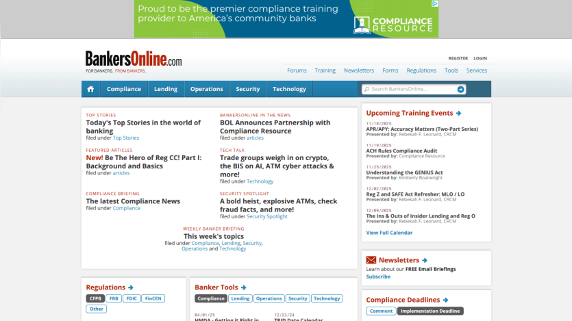BankersOnline homepage showing compliance training banner, latest compliance news, and upcoming training events sections