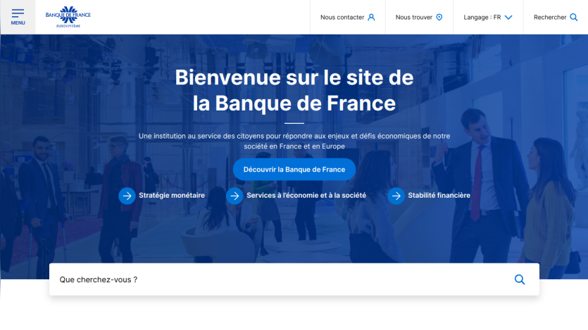 Homepage of Banque de France with welcome message and service options.