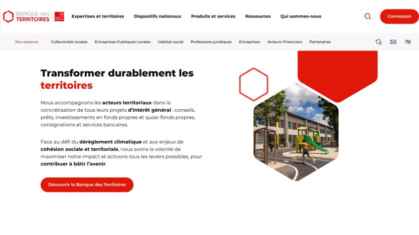 Homepage promoting sustainable transformation of territories with a visual of a community space.