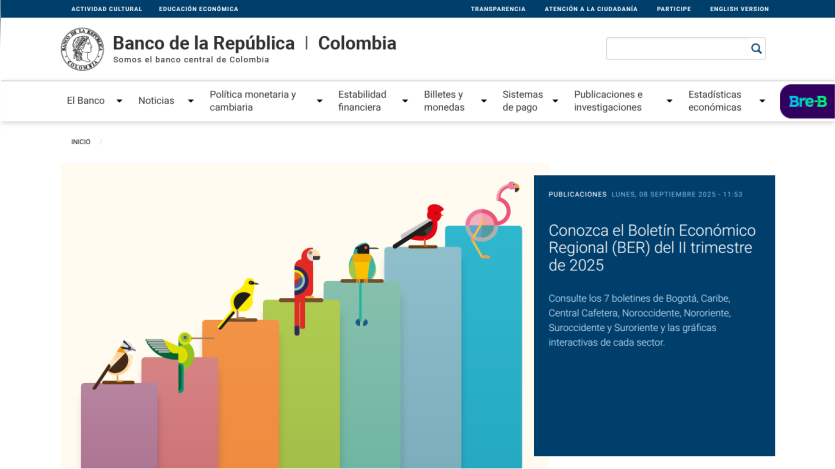 Banco de la República de Colombia homepage featuring a colorful bar graph and announcement about the Economic Bulletin.