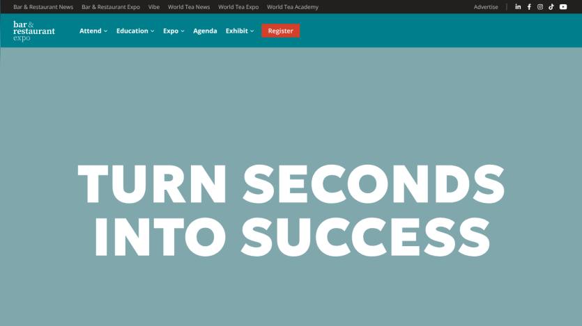 Bar & Restaurant Expo website with navigation menu and headline 'Turn Seconds Into Success'
