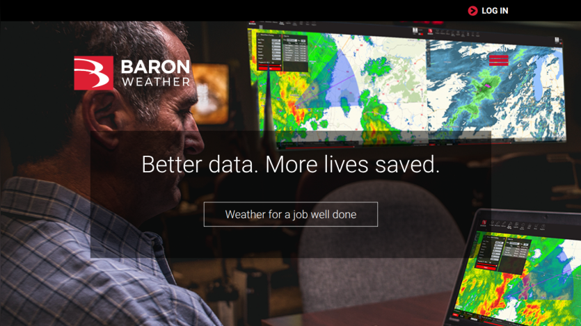 Baron Weather homepage with tagline 'Better data. More lives saved.' and button 'Weather for a job well done'