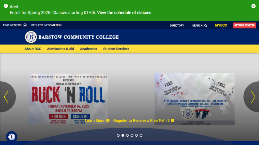 Barstow Community College homepage with navigation and a hero carousel promoting Veterans Day Ruck 'N Roll event and registration for a free T-shirt