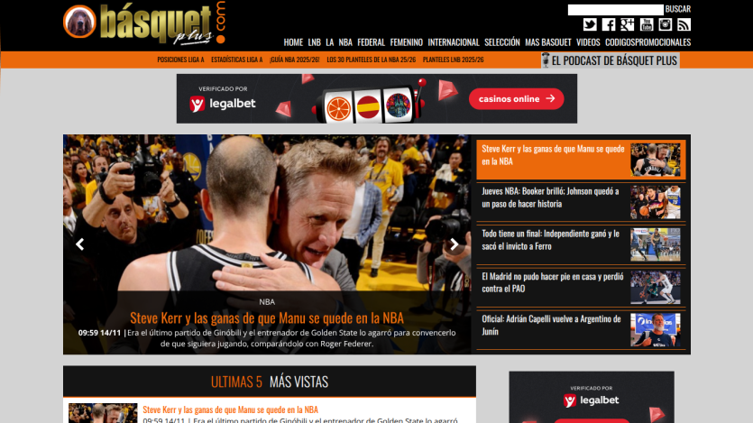 Sports news website with navigation menu, sports categories, and a hero section featuring a basketball game photo and headlines.