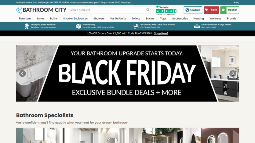 Bathroom City website header with navigation, trust ratings, and a clearance sale banner offering up to 90% off big brands