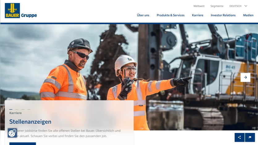 Bauer Gruppe careers page showing job listings with workers in safety gear and construction machinery background