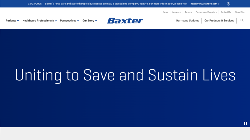 Baxter's website header with the slogan 'Uniting to Save and Sustain Lives.'