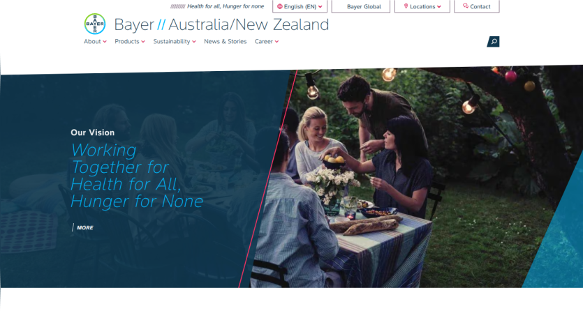 Bayer Australia/New Zealand website with navigation and hero section promoting health and hunger vision