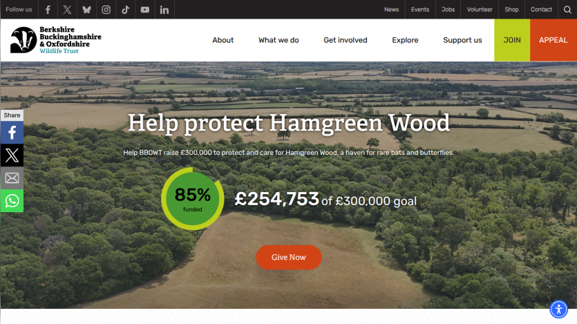 Berkshire Buckinghamshire & Oxfordshire Wildlife Trust fundraising for Hamgreen Wood with progress at 85% of £300,000 goal
